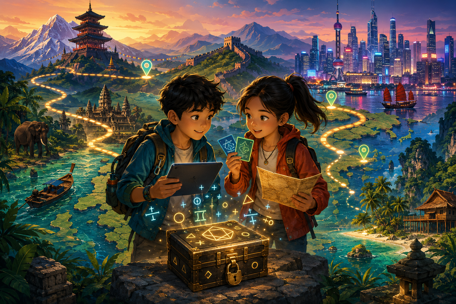 Noah et Lisa devant une carte d’Asie et un coffre d’énigmes